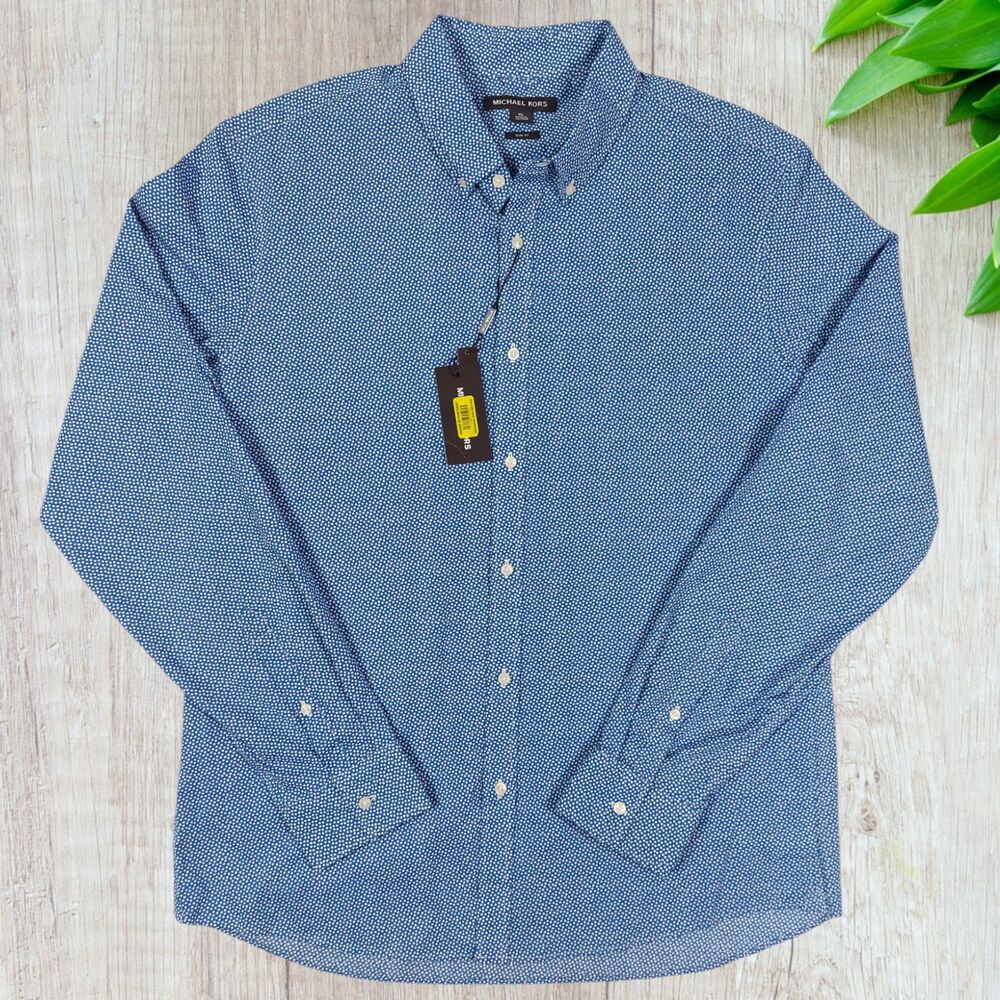 Michael Kors Shirt Mens Sz XL Blue White Button Down Slim Fit Preppy Classic NWT